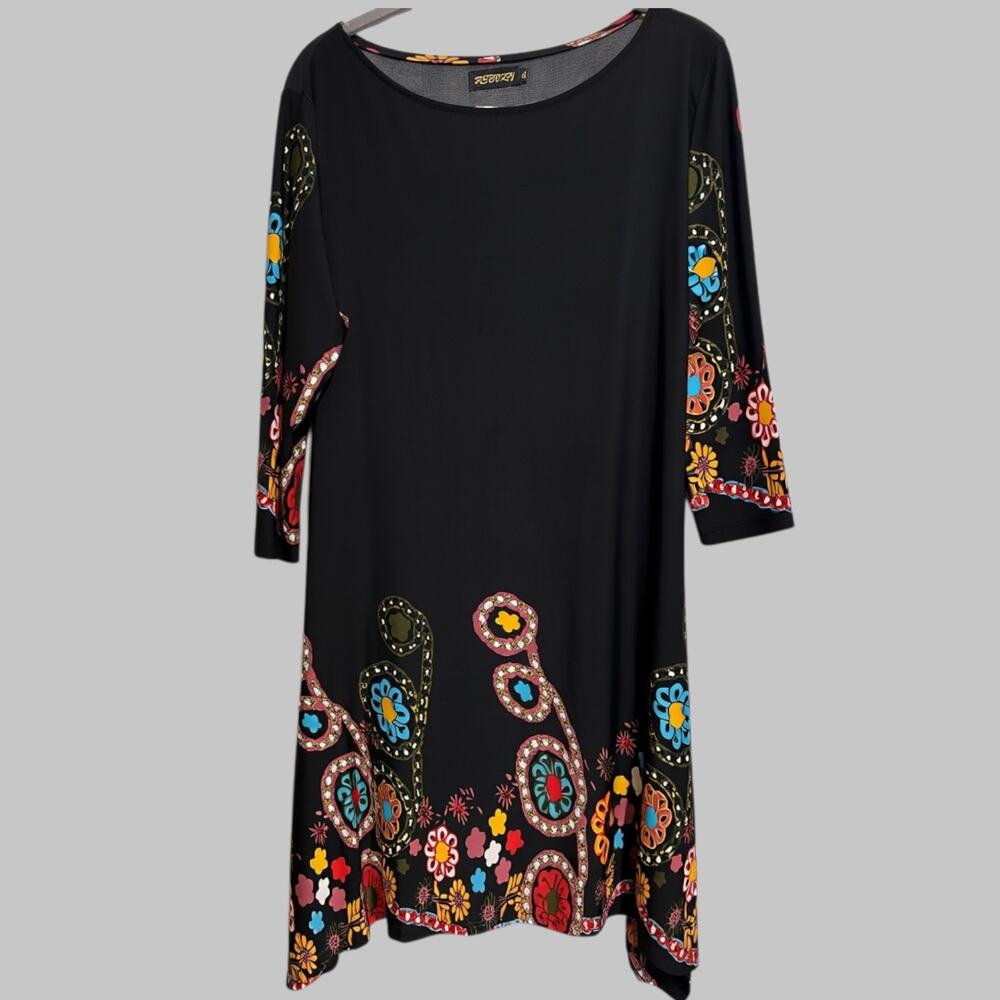 Reborn Womens Black Floral 3/4 Sleeve Midi Dress Fairy Boho Cottagecore Size XL - Picture 10 of 10
